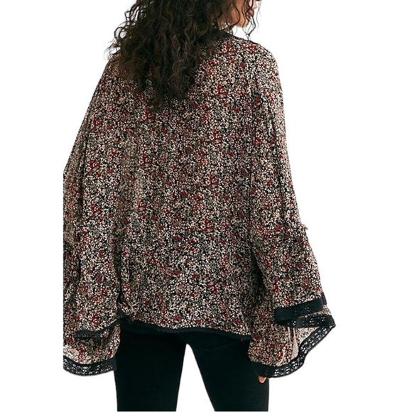 Free People Lola Kimono Black Floral Tie Front Ruffle Bell Sleeve Semi Sheer - Picture 2 of 14